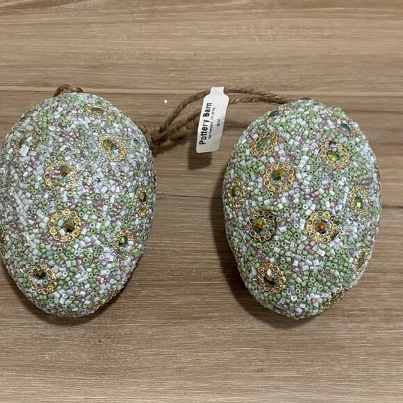 Pottery Barn Large Easter Beaded Ornament Egg Set Of 2 Mint Green Pink Gold - Picture 1 of 6